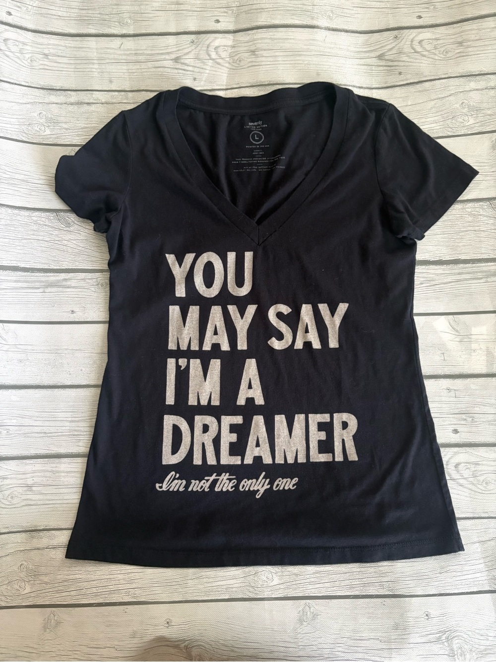 Black V-Neck Short Sleeve Tee with Silver Text - You May Say I'm a Dreamer